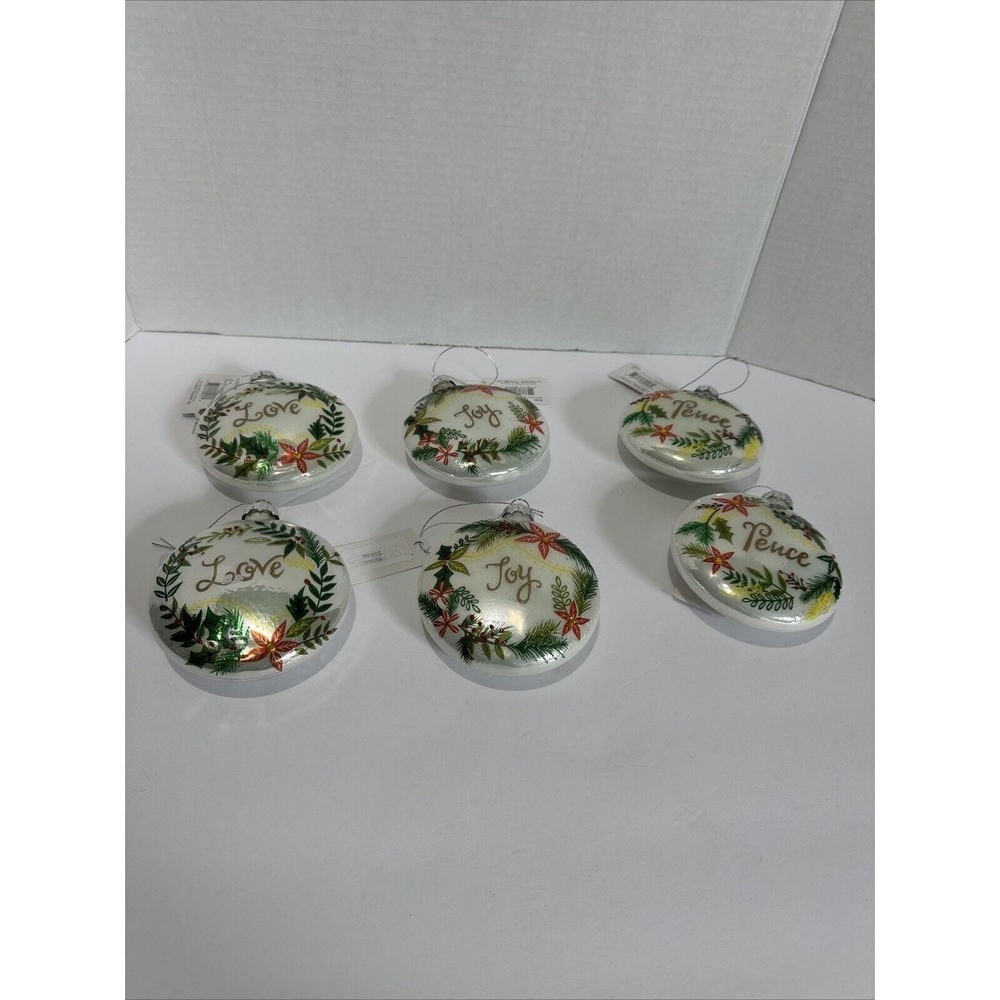 Vintage Glass Christmas Ornaments Set 6 Love Joy Peace White Silver 4in Y7241